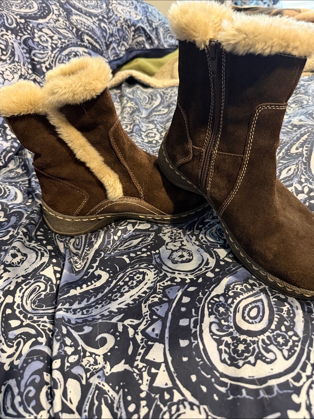 BareTraps Ellea Brown Suede Faux Fur Trim Ankle Boots